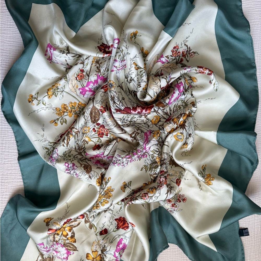 Silk Floral Print Green Border Scarf